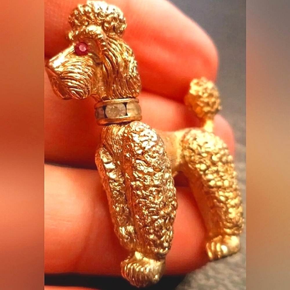Napier Articulated Rhinestone Poodle Red Eyes Dog 1.5" Brooch *Rare* Signed